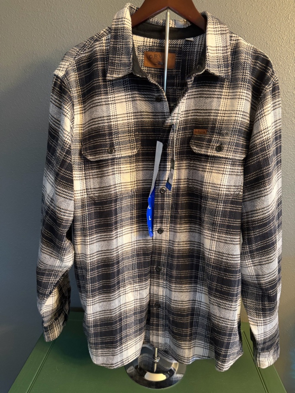 Orvis Black and Cream Plaid Flannel Shirt with Leather Logo Patch
